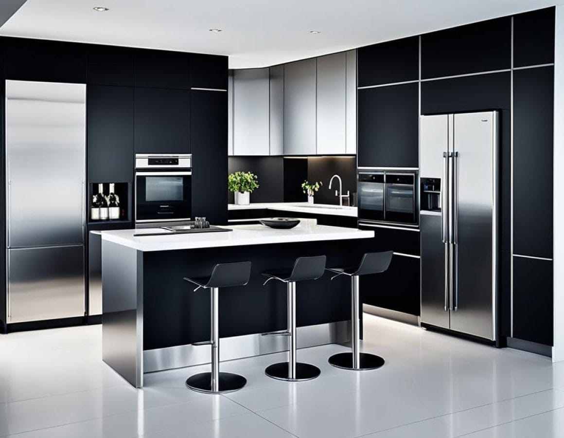 stainless steel cabinets and monochromatic appliances