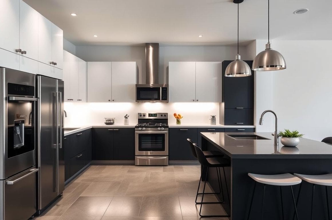 stainless steel and black appliances in modern kitchen design