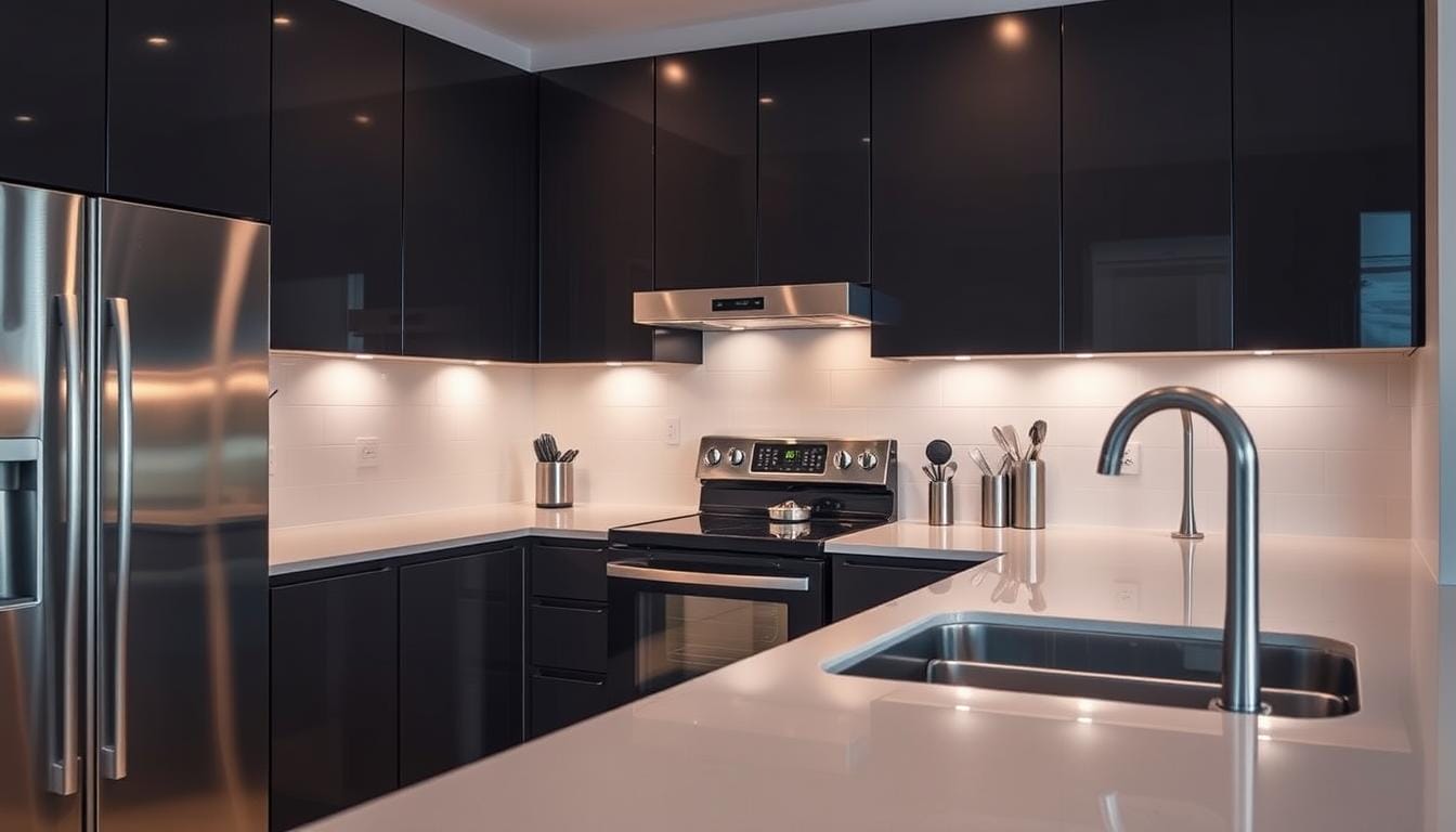 stainless steel and black appliances