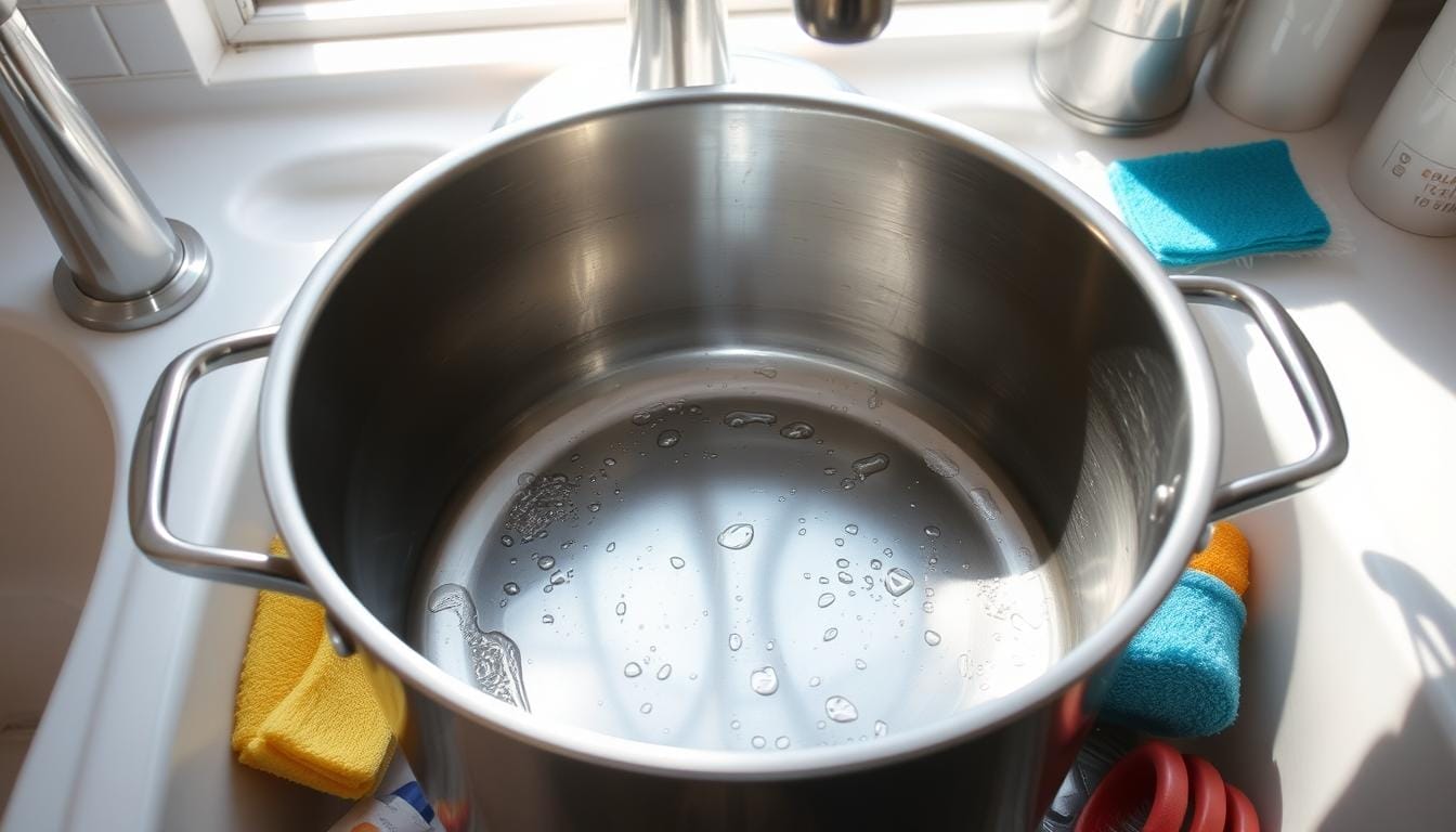 Cleaning large stainless steel pot