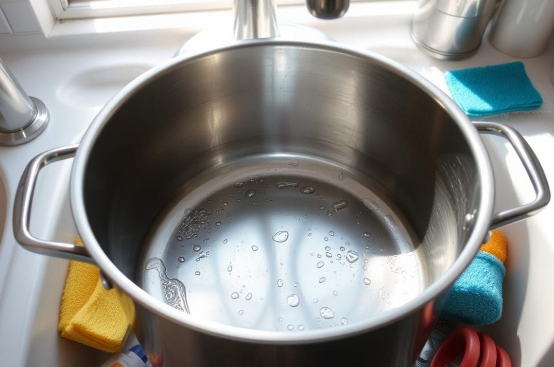 Cleaning large stainless steel pot Cleaning large stainless steel pot