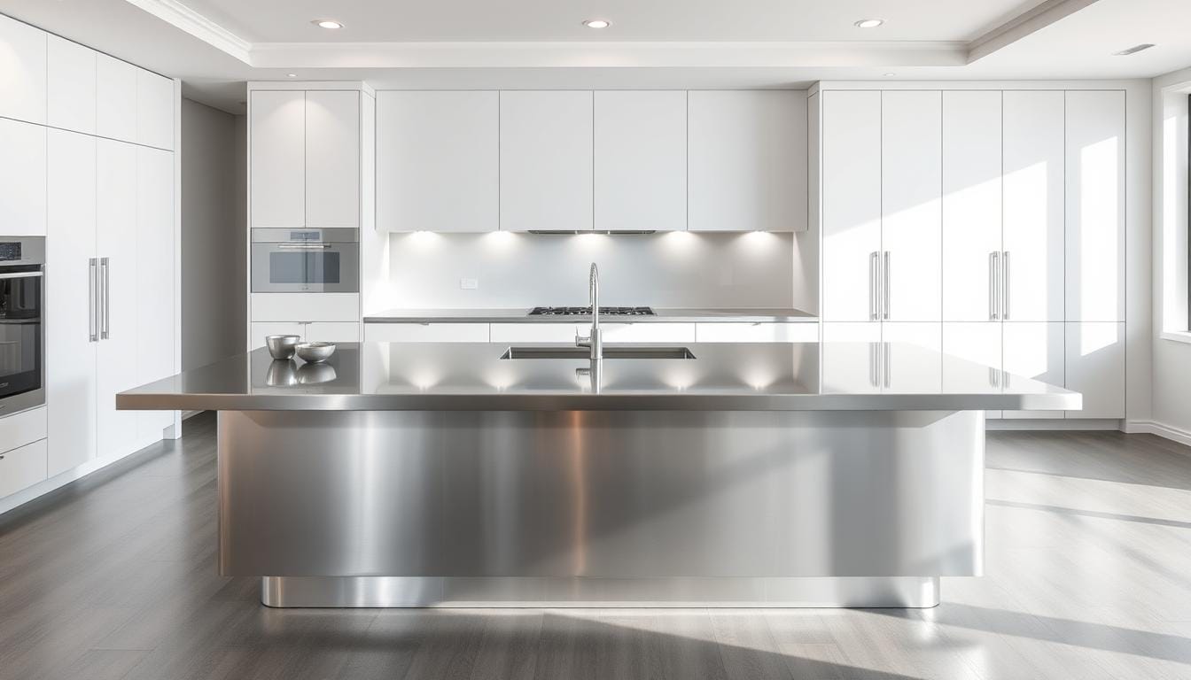kitchen island with stainless steel top