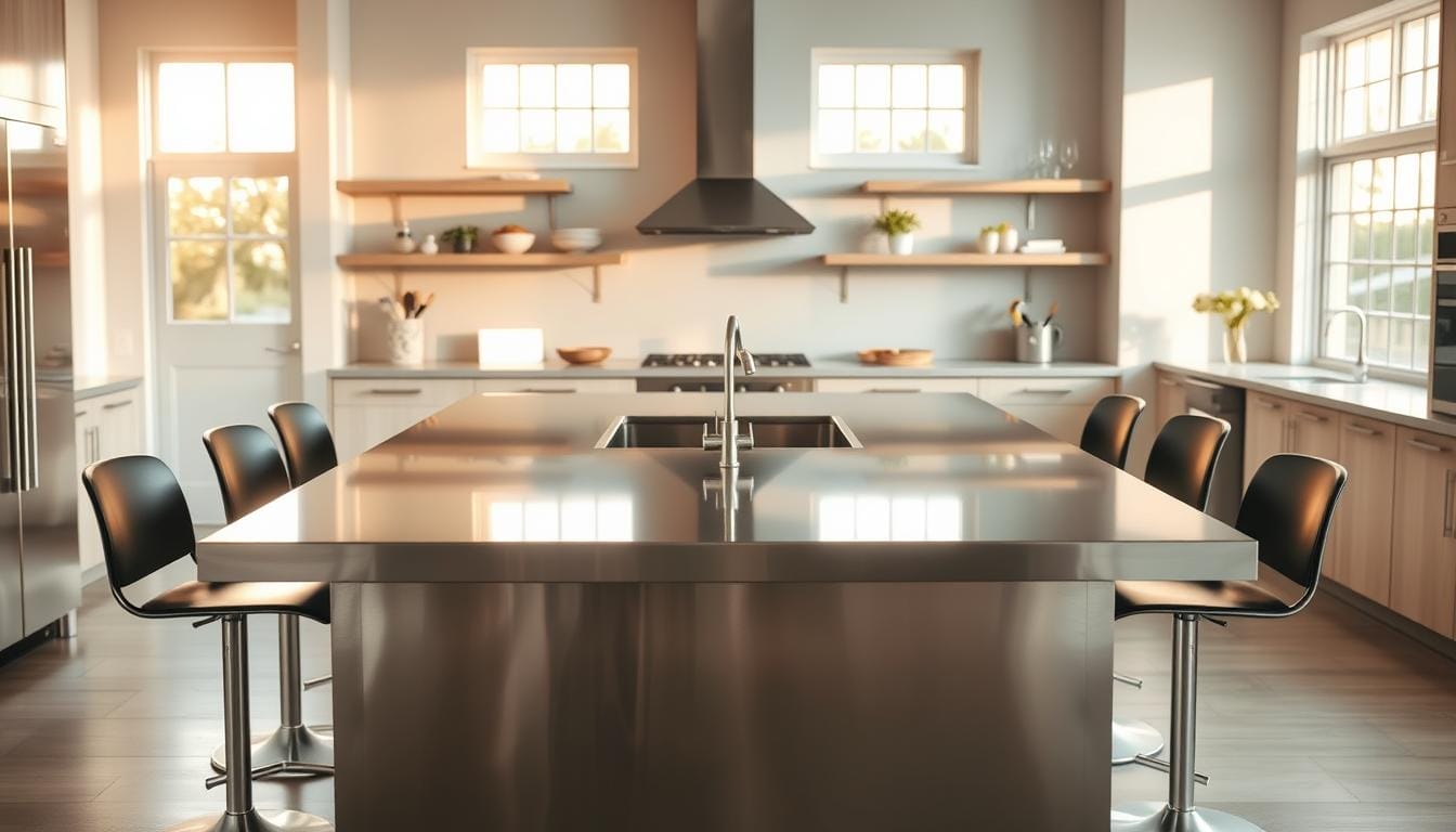 kitchen island with stainless steel top