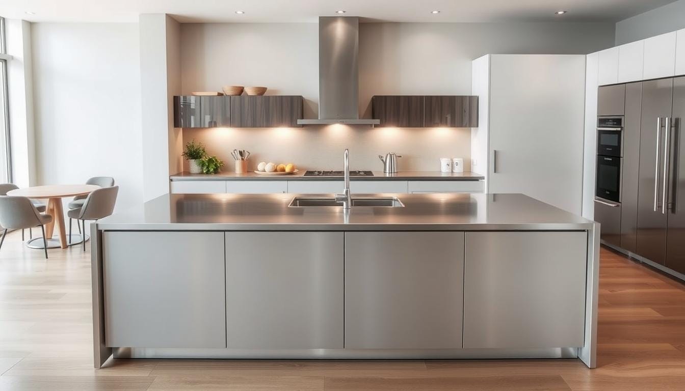 kitchen island with stainless steel top
