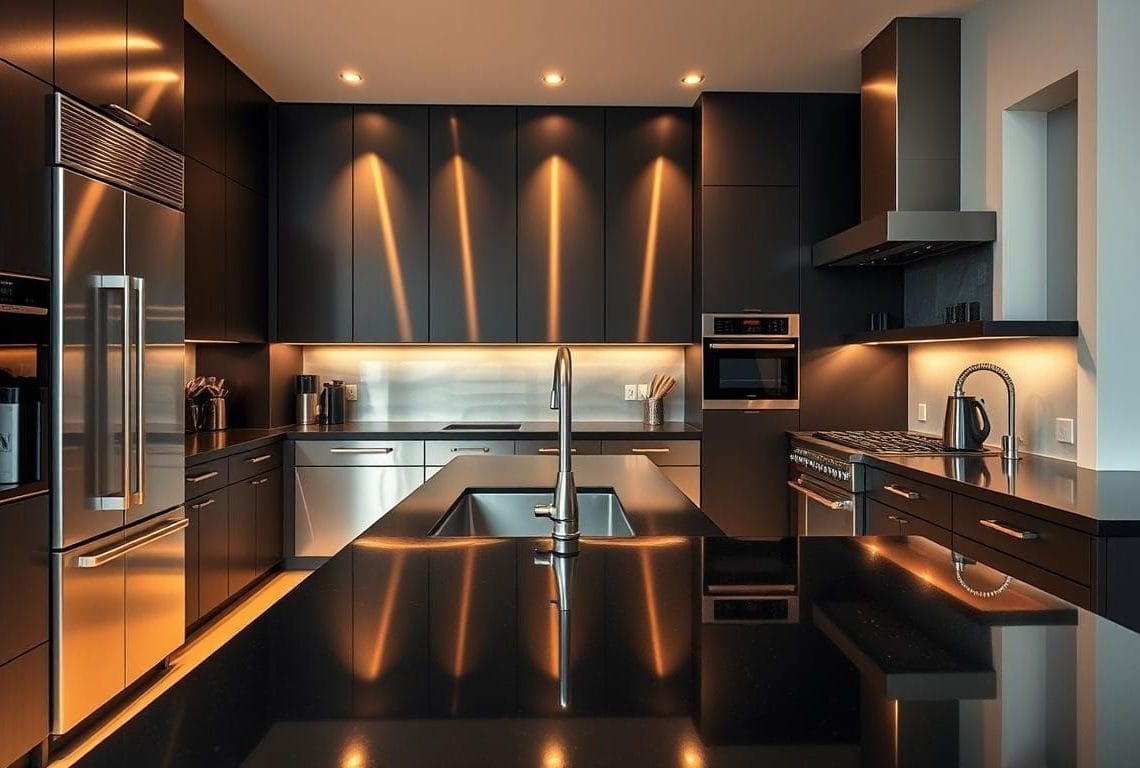 stainless steel with black appliances