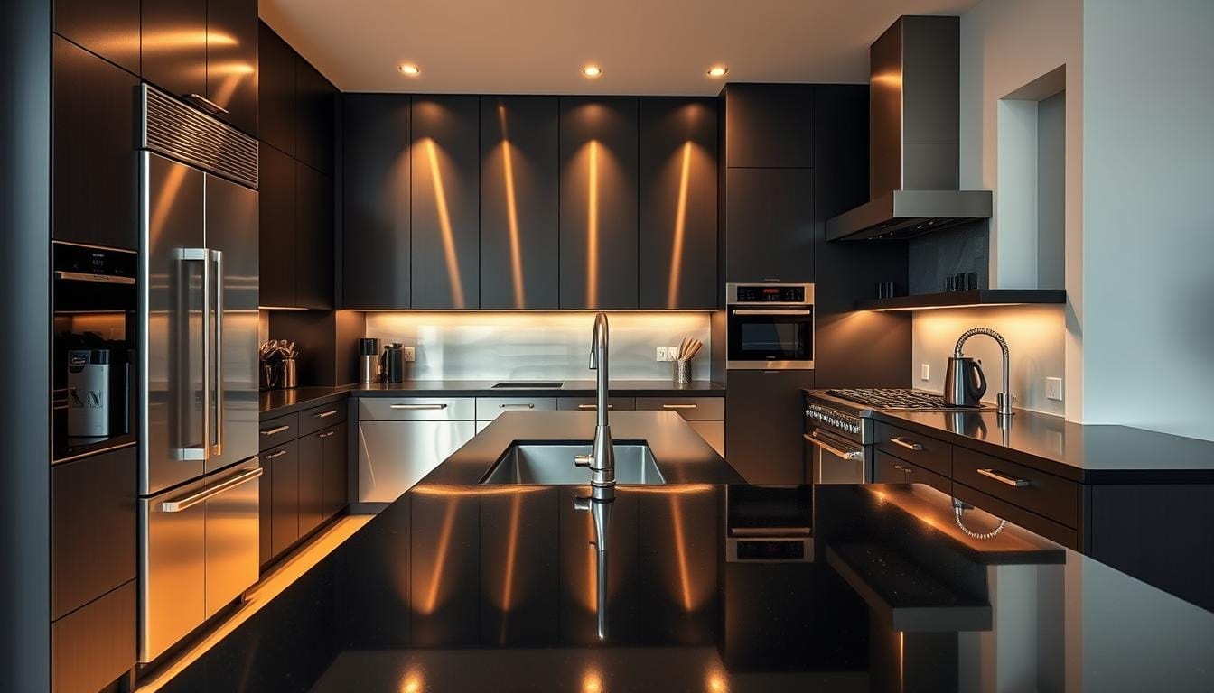 stainless steel with black appliances